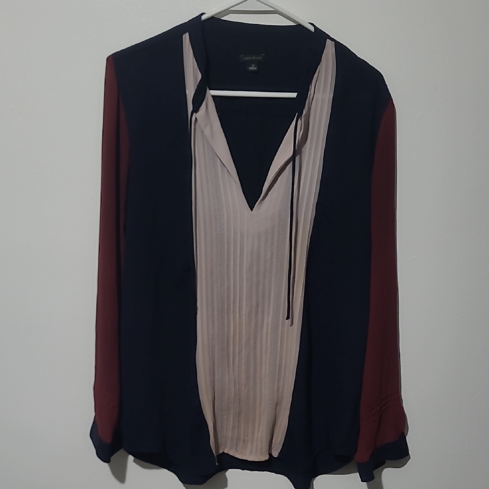 Ann Taylor Black and Tan Pleated Long Sleeve Blouse